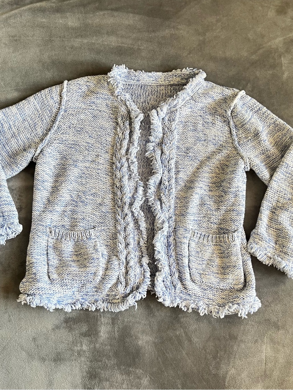Girls Light Blue Fringe-Trim Knit Cardigan